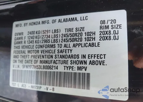 2020 Honda Passport 2Wd Ex-L z USA, uszkodzony, nr VIN 5FNYF7H53LB006214